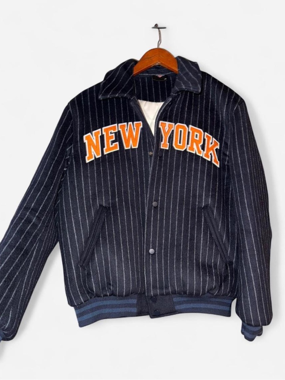 KITH New York Pinstripe Bomber Jacket - Navy with Orange Lettering